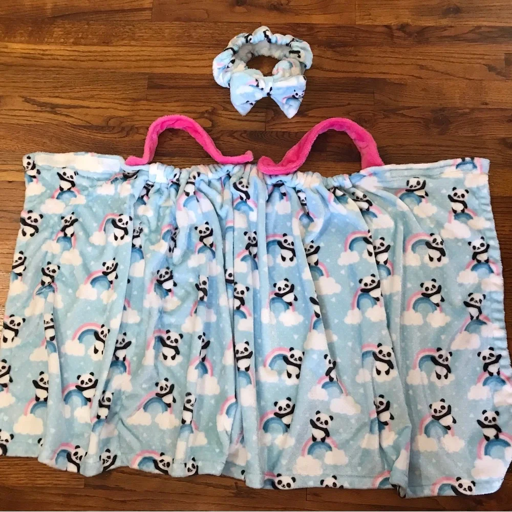 Girls Kids Bath Towel Wrap Cover Headband Hair Wrap Cotton Plush Panda & Rainbow